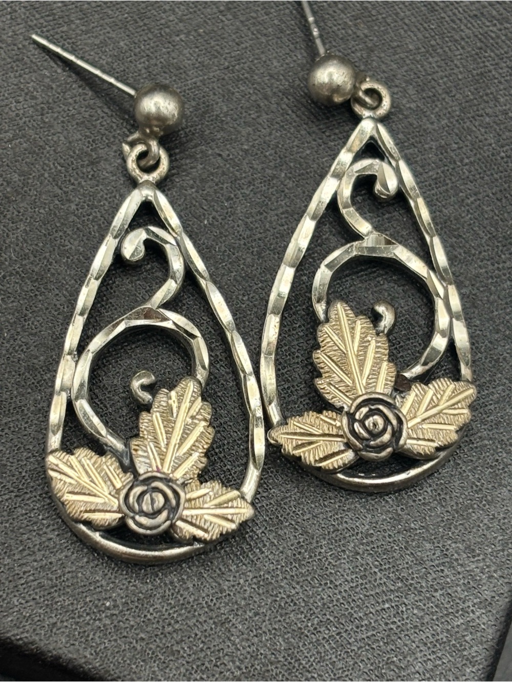 Two-Tone Floral Teardrop Earrings - Silver and Gold